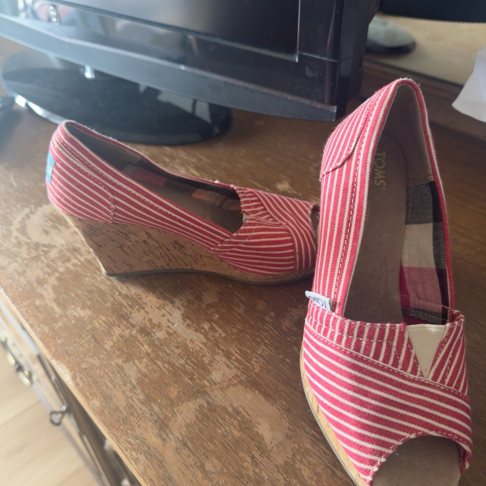 TOMS Red and White Striped Wedge Shoes